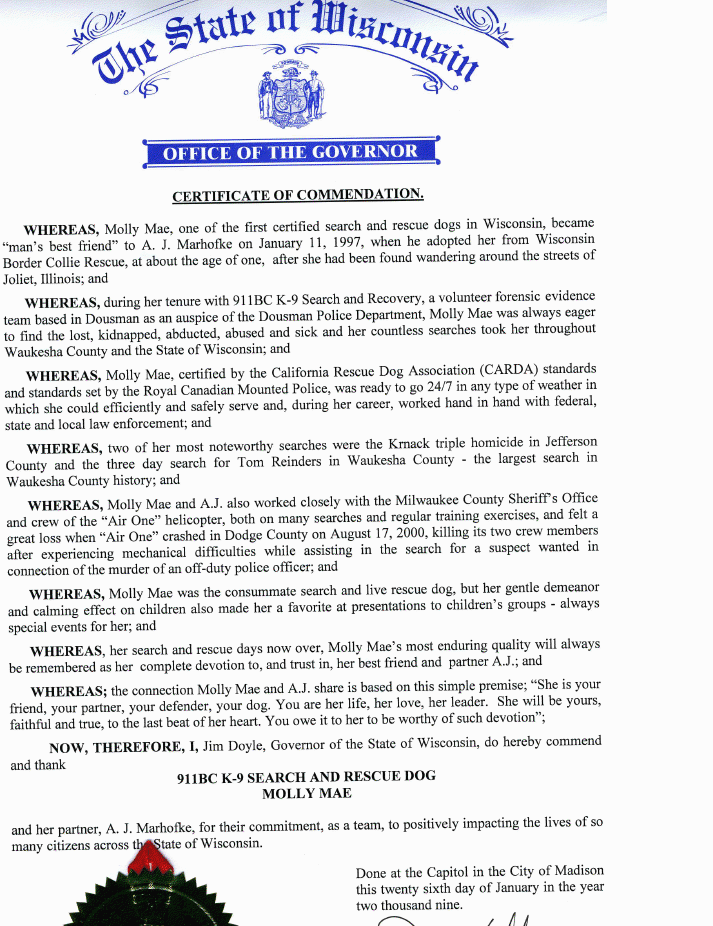 Certificate of Commendation for Molly Mae from Governor Doyle